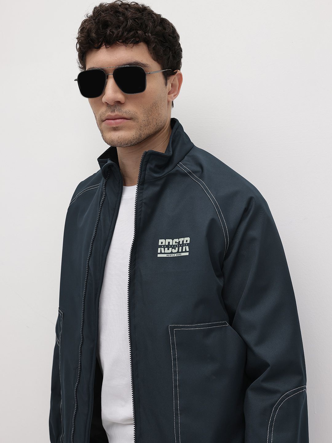 The Roadster Life Co. Brand Logo Detail Contrast Stitch Mock Collar Tailored Jacket