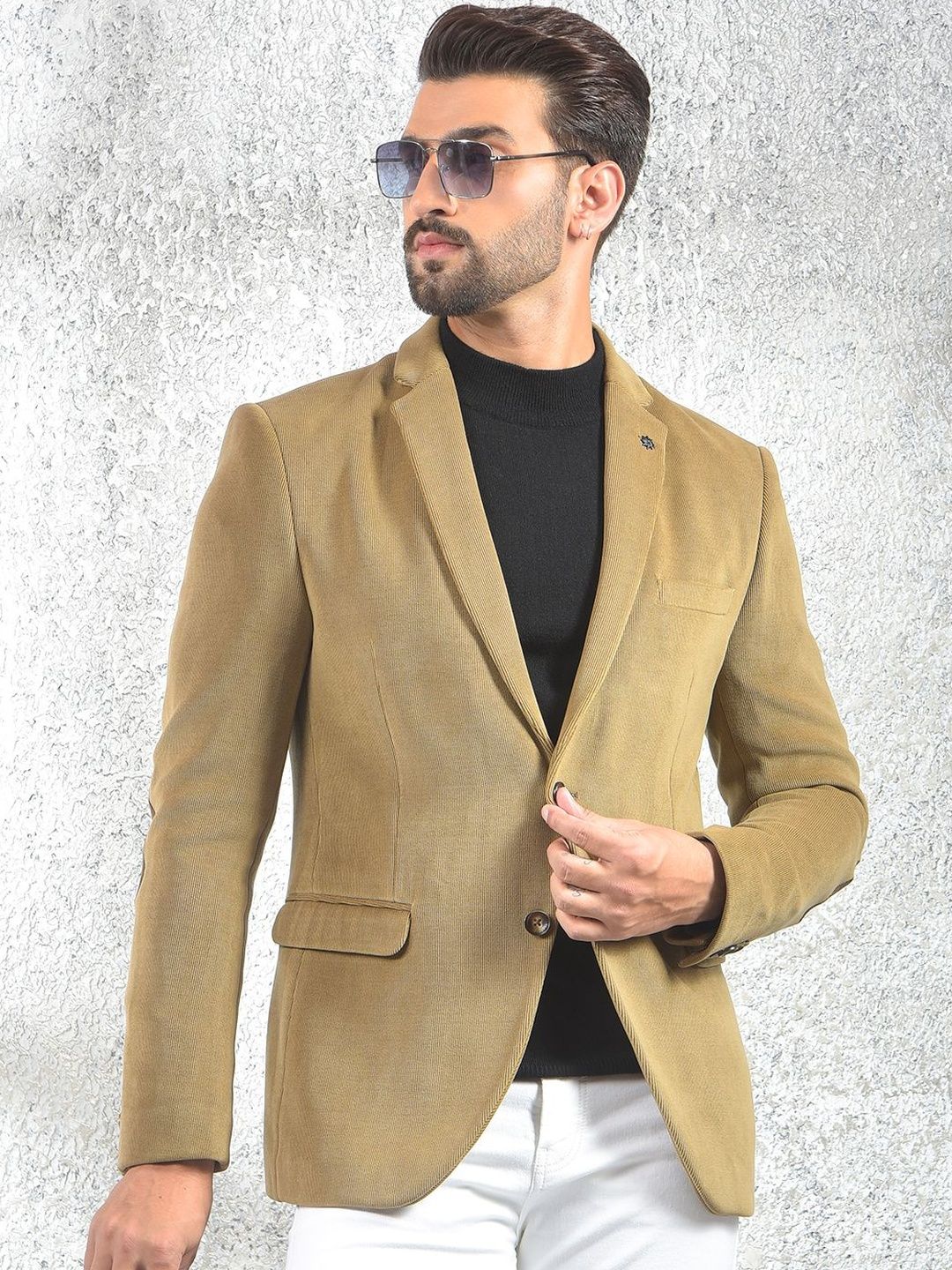 Crimsoune Club Men Self Design Notched Lapel Single Breasted Blazer