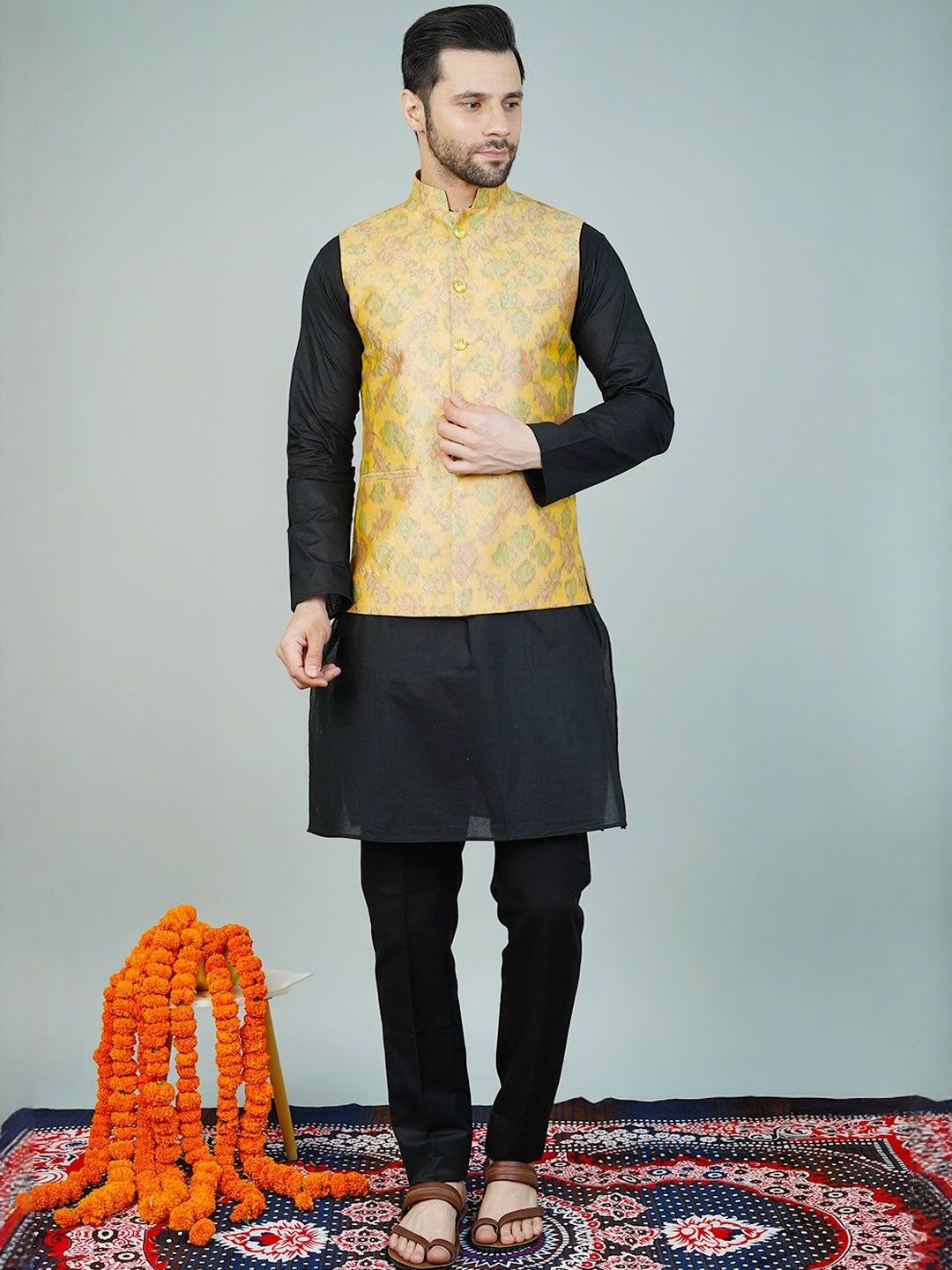 Wintage Woven-Design Sleeveless Nehru Jackets