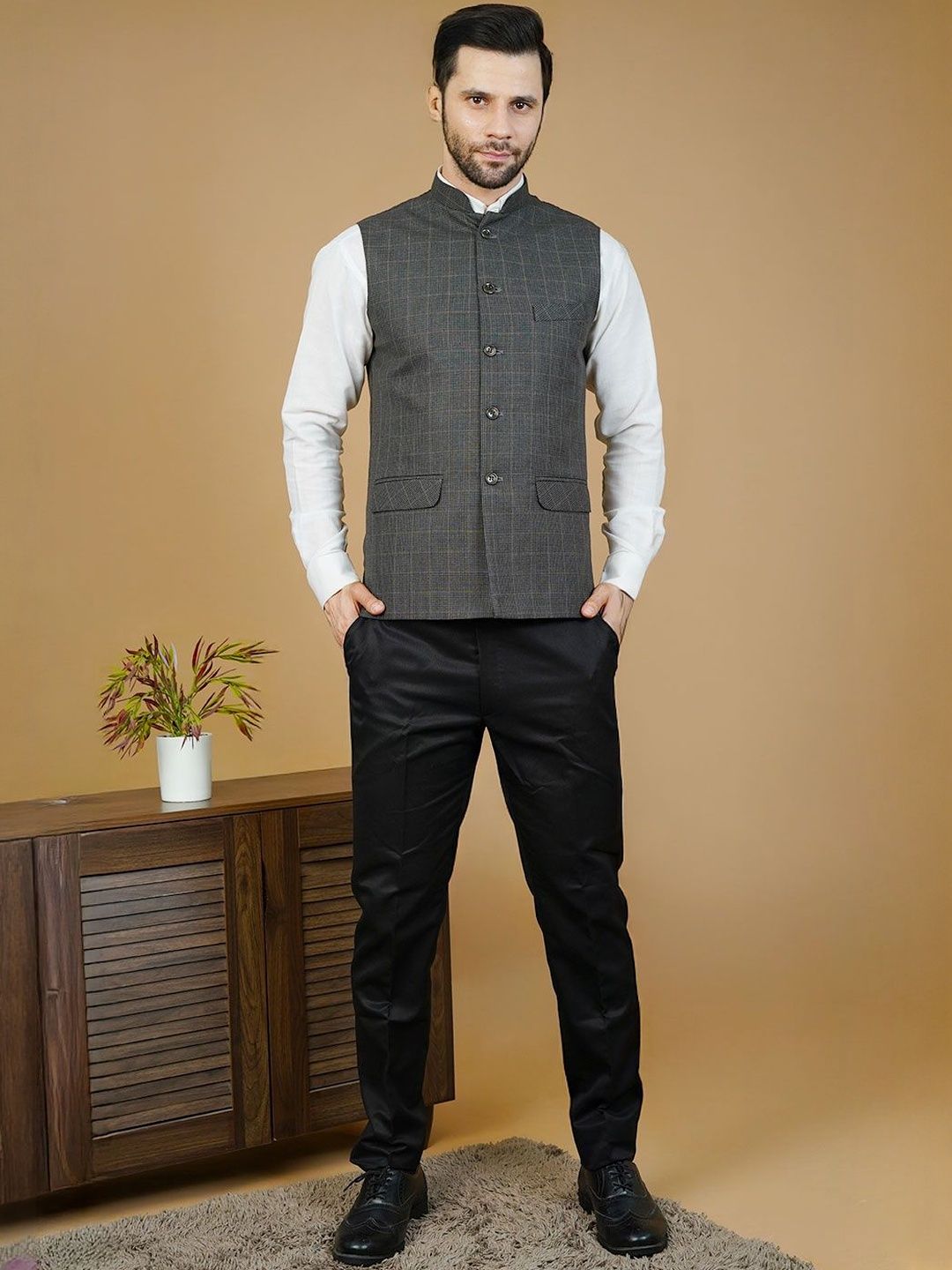 Wintage Men Checked Sleeveless Terry Wool Nehru Jackets