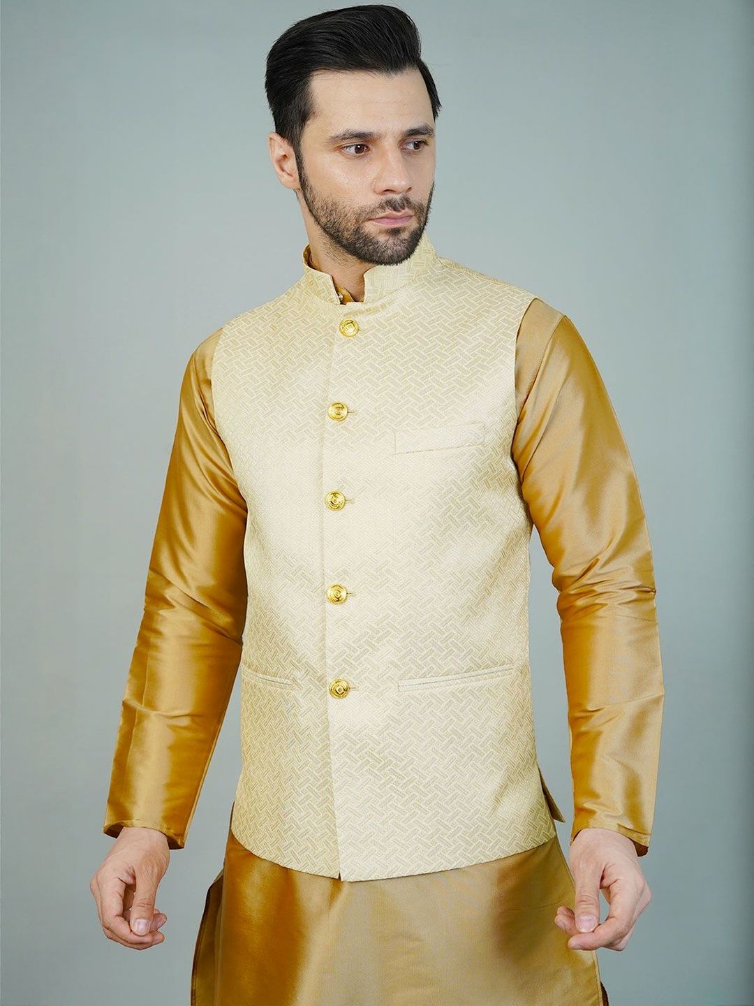 Wintage Men Woven-Design Sleeveless Banarasi Rayon Nehru Jacket
