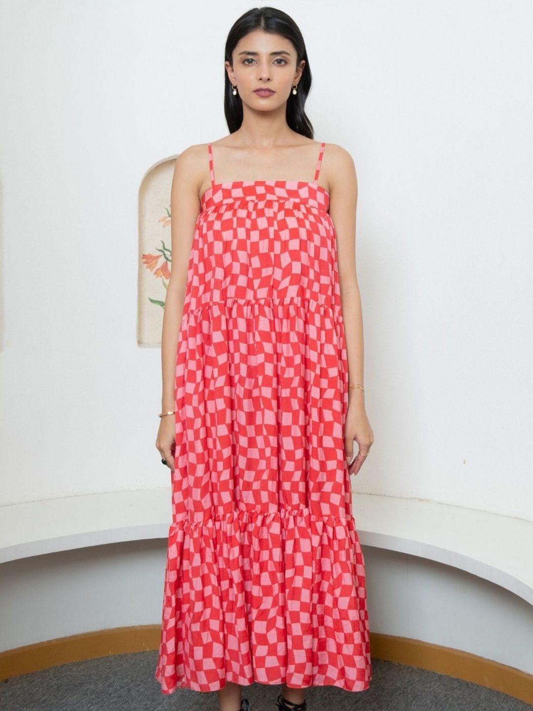 Red Checked Maxi Dress - Buy Red Checked Maxi Dress online in India