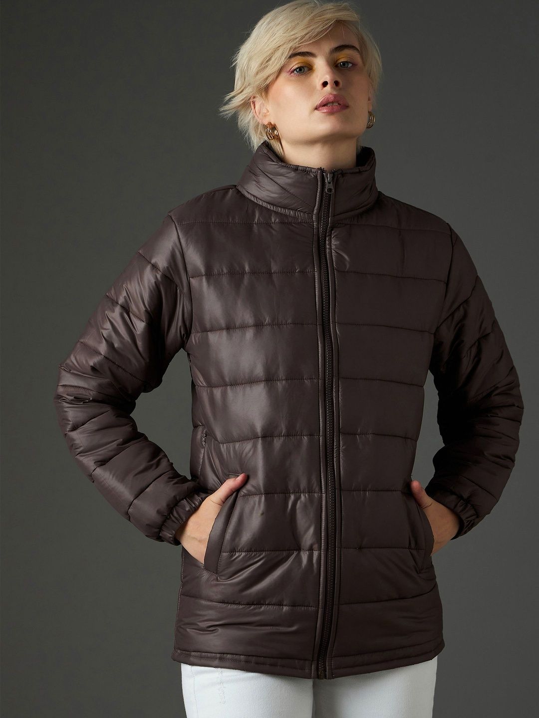 SASSAFRAS Women Mock Collar Solid Puffer Jacket