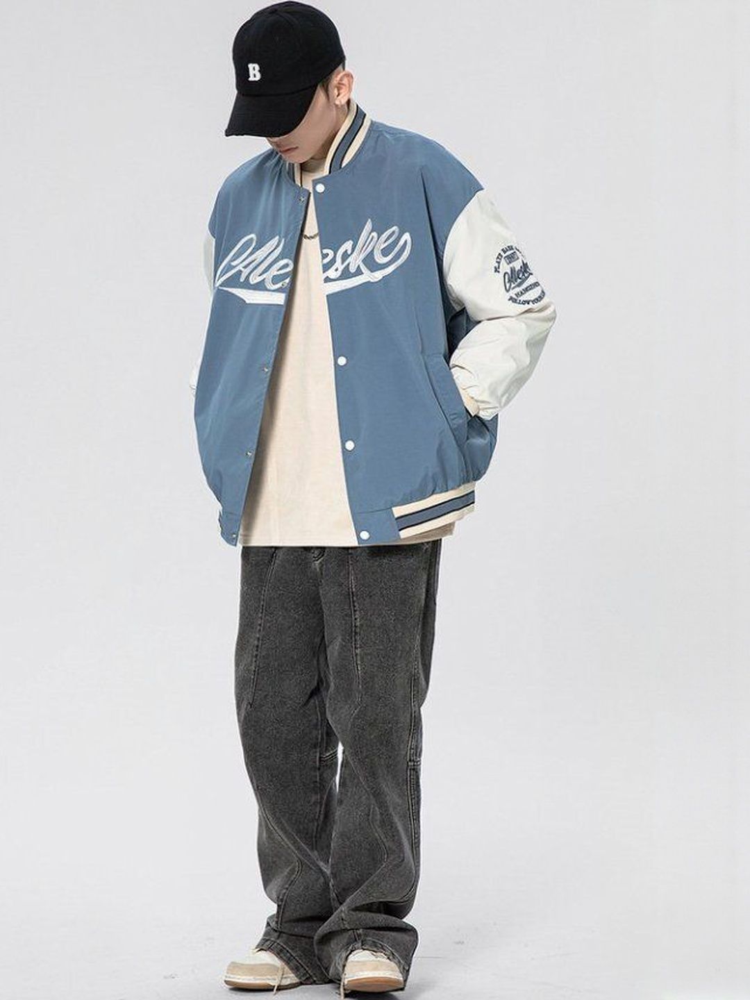 HERE&NOW Men Typography Printed Stand Collar Long Sleeve Varsity Jacket with Patchwork
