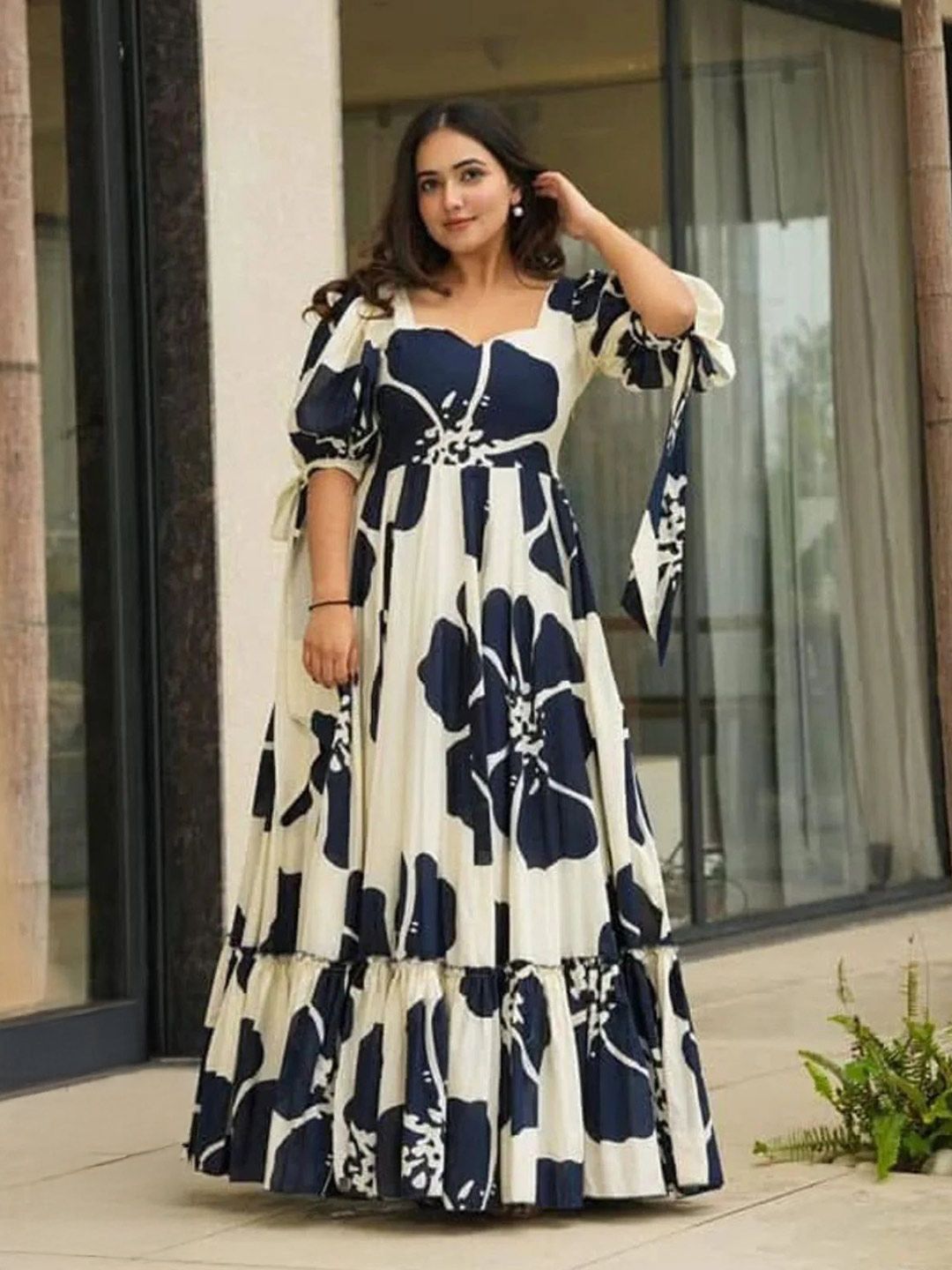 SHEETAL Associates Floral Print Puff Sleeve Crepe Fit & Flare Maxi Dress