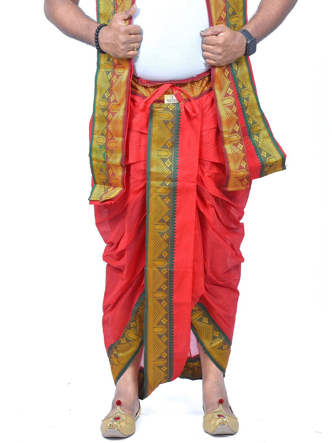TUNI MANI Men Readymade Cotton Dhoti Pant With Side Pocket And Angavastram Set