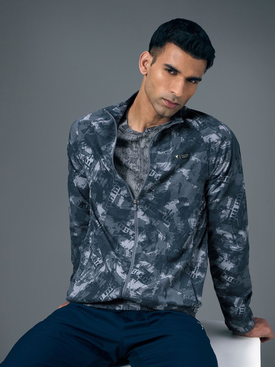 Technosport Men Mock Collar Abstract Printed Lightweight Sporty Jacket