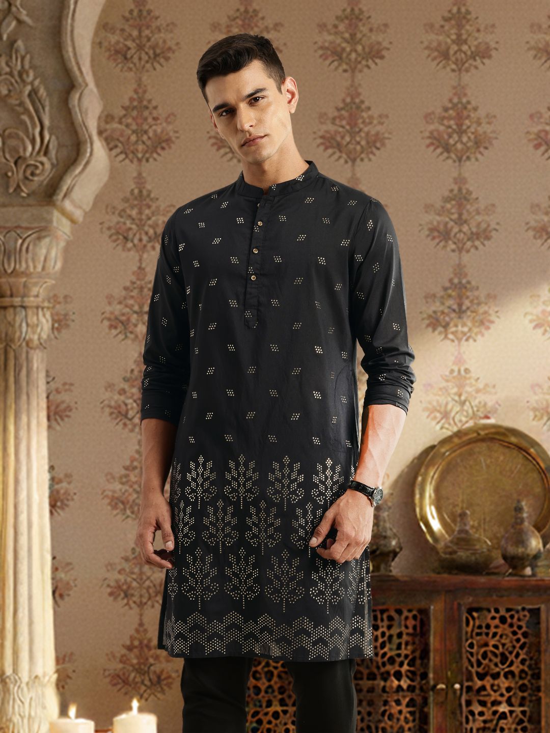 House of Pataudi Geometric Embellished Mandarin Collar Straight Jashn Kurta