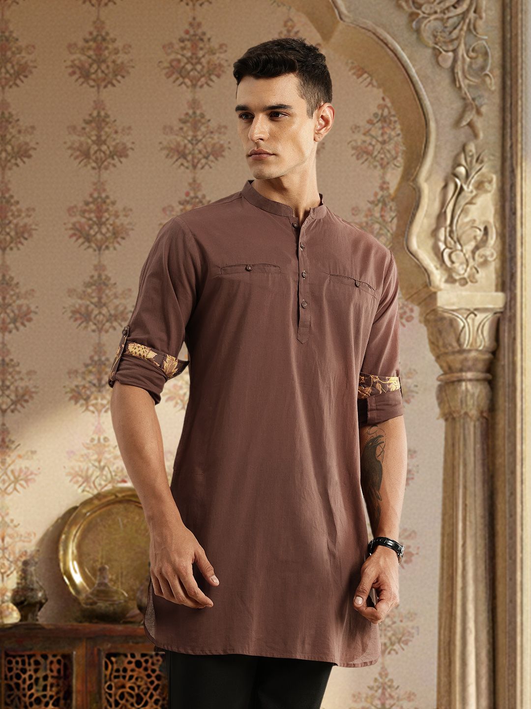 House of Pataudi Pure Cotton Roll-Up Sleeves Mandarin Collar Straight Rozana Kurta