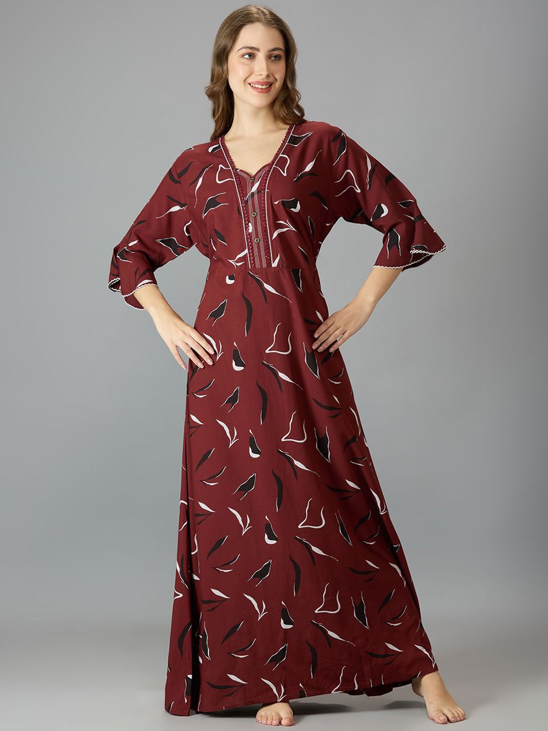 knee length dresses for ladies Taupe Floral Front-Open Cotton Nightdress 2XL