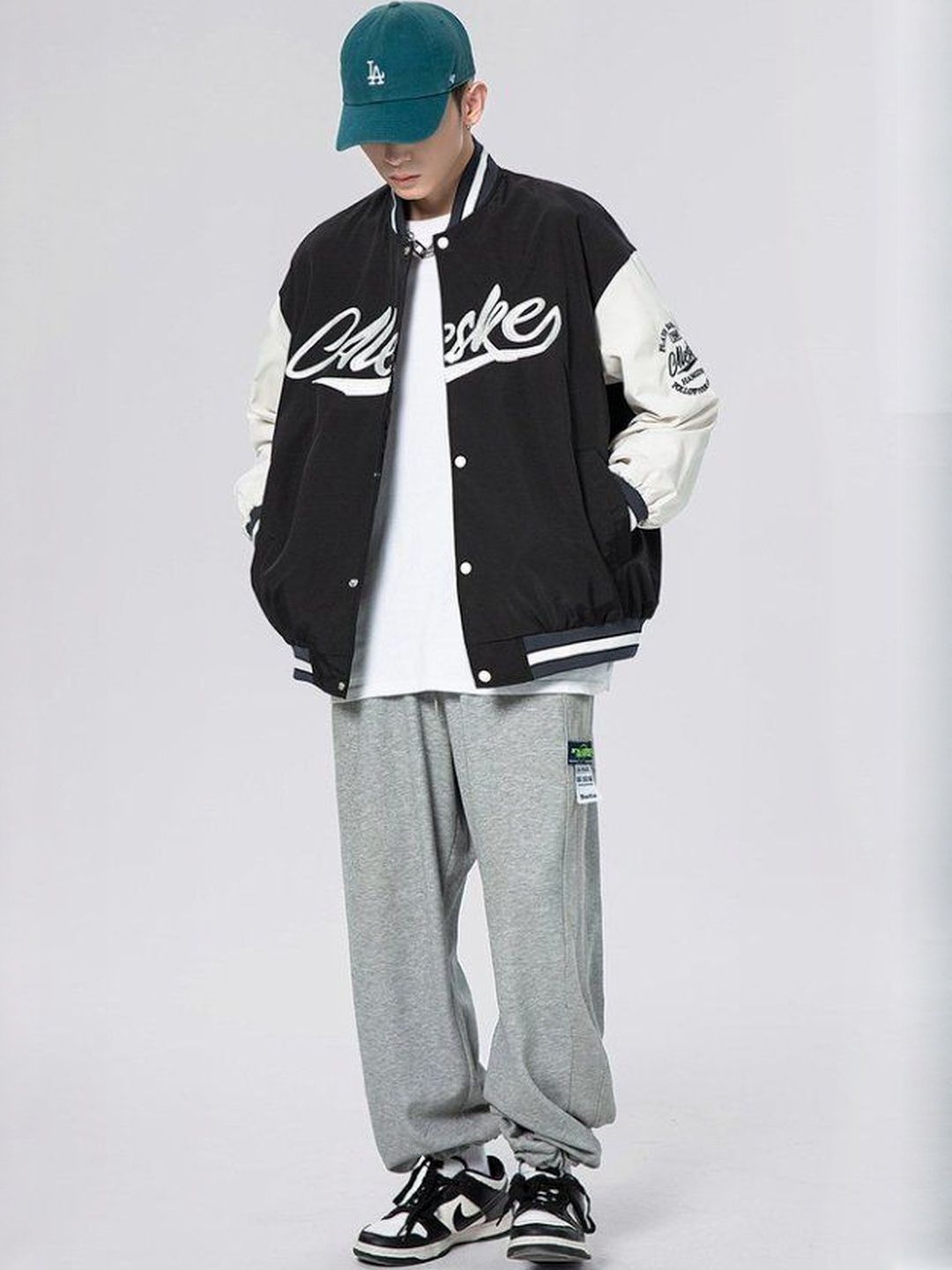 HERE&NOW Men Typography Printed Stand Collar Long Sleeve Varsity Jacket with Patchwork