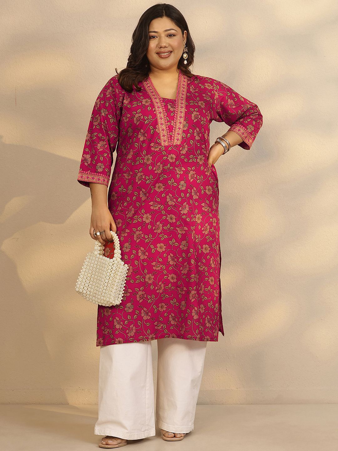 EXTRA LOVE BY LIBAS Floral Printed Square Neck Plus Size Straight Kurta