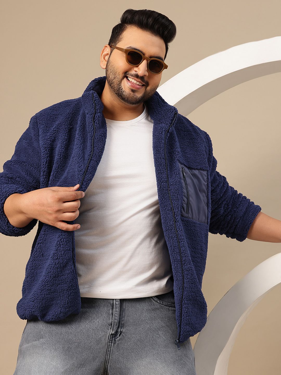 Sztori Plus Size Faux Fur Trim Mock Collar Tailored Jacket