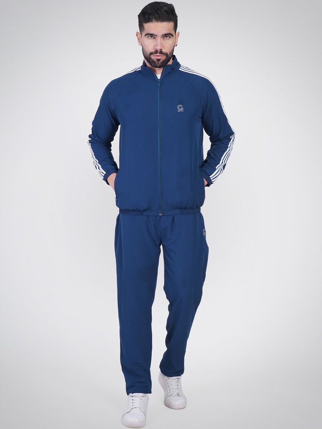 GOTO SPORTS Men Solid Striped Mock Neck Regular Tracksuits