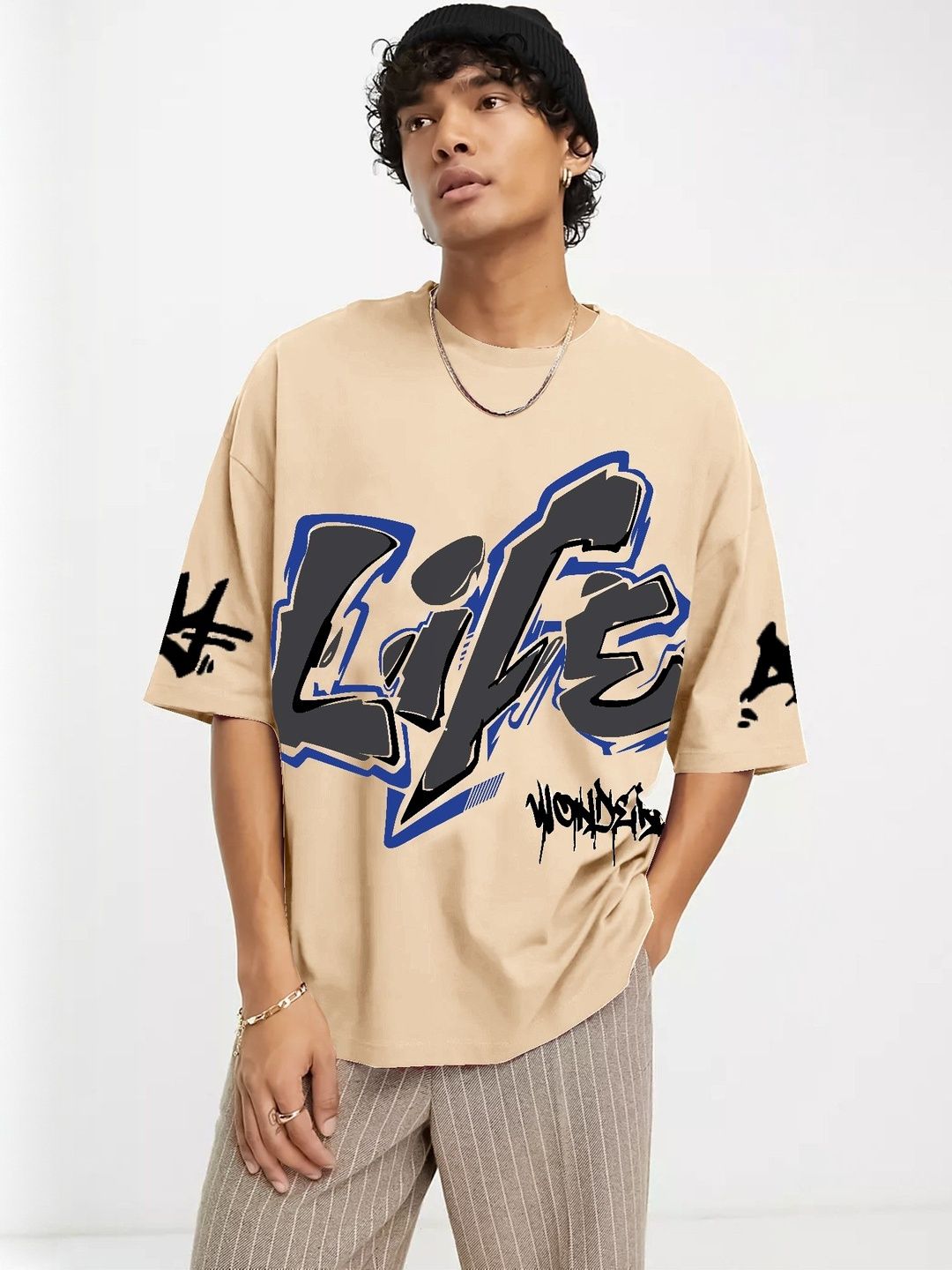 JUMPCUTS Typography Printed Round Neck Drop Shoulder Sleeves Oversized T-shirt