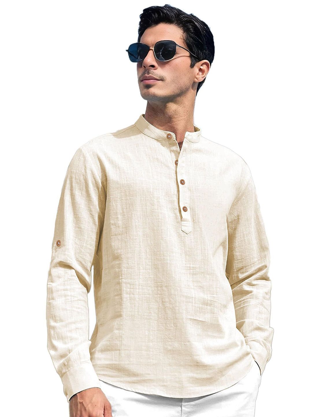 KNOWTED Band Collar Roll-Up Sleeves Straight Short Kurta