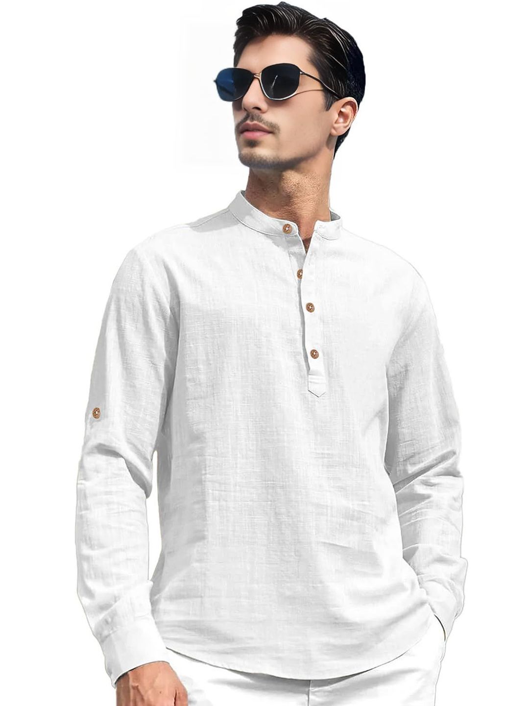 BHUVIKOO Band Collar Roll-Up Sleeves Short Kurta