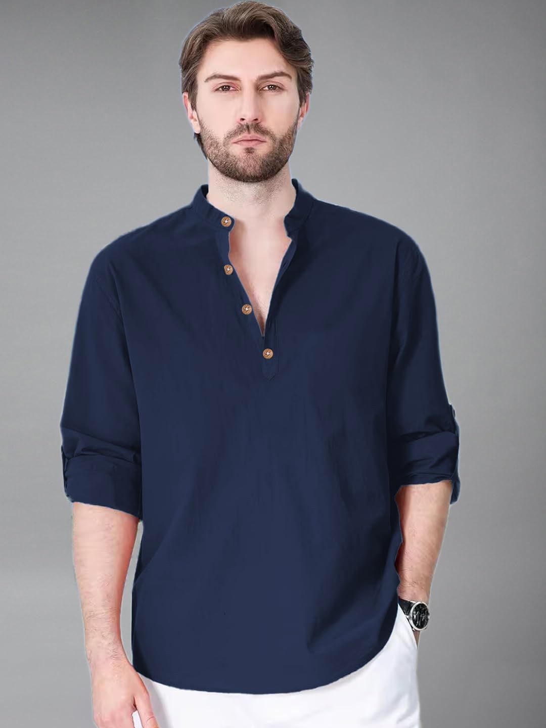 KNOWTED Mandarin Collar Roll-Up Sleeves Straight Short Kurta