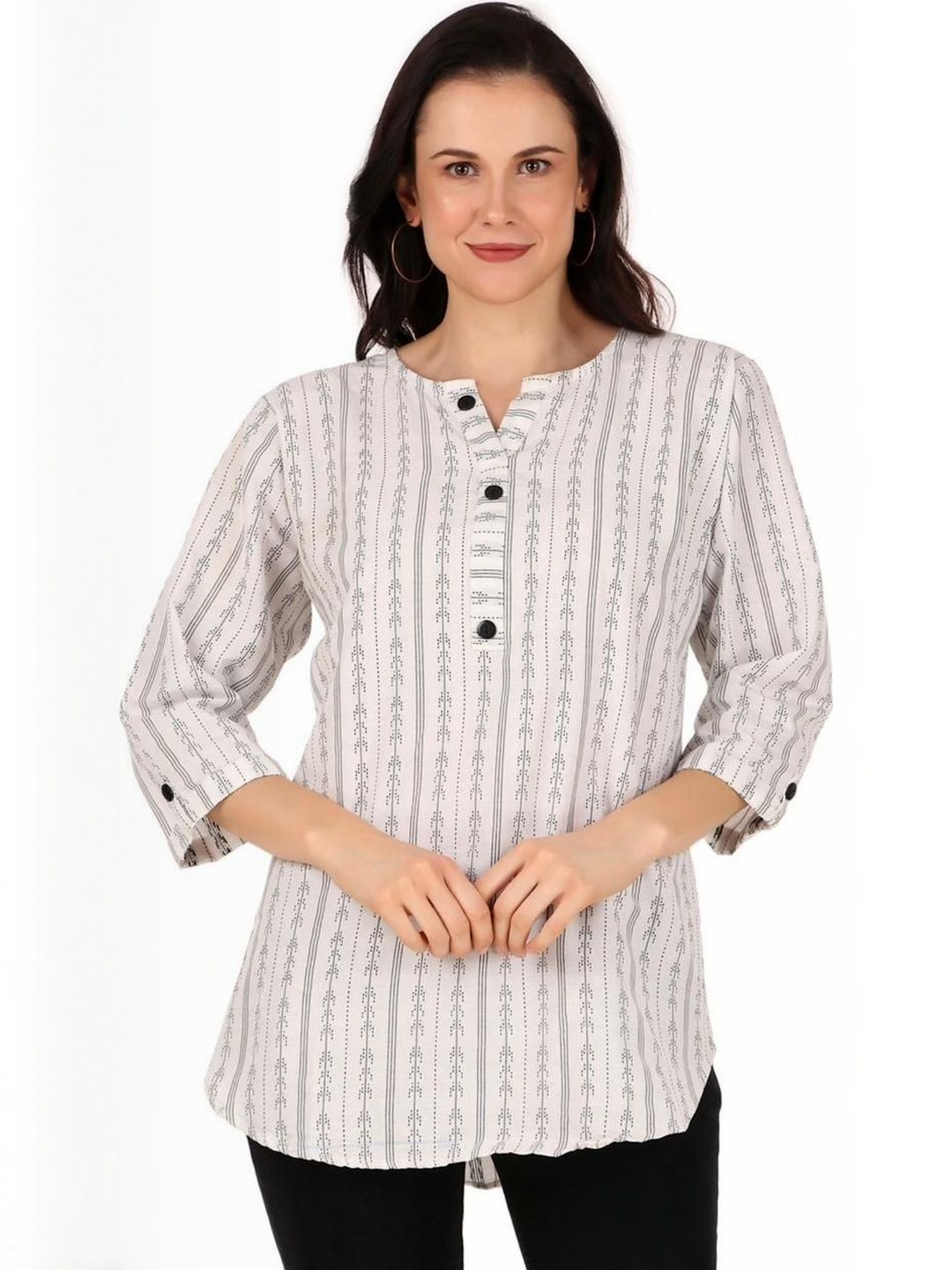 FINE KRAFT Women Striped Mandarin Collar Straight Short Kurti
