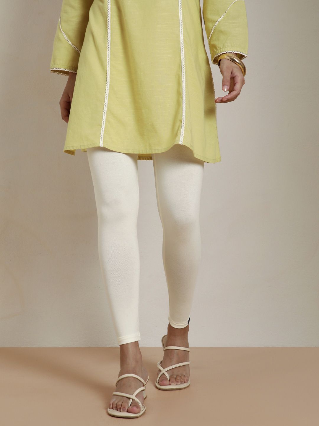 TWIN BIRDS Plus Size Women Off-White Solid Ankle Length Legging