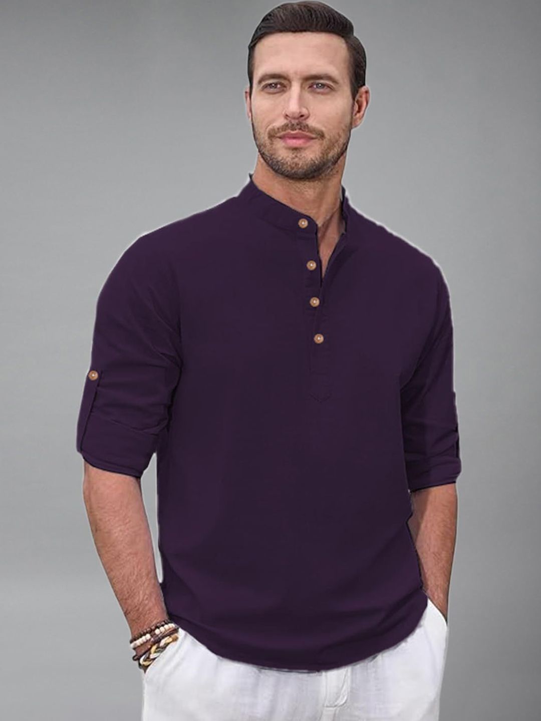 KNOWTED Mandarin Collar Roll-Up Sleeves Cotton Straight Short Kurta