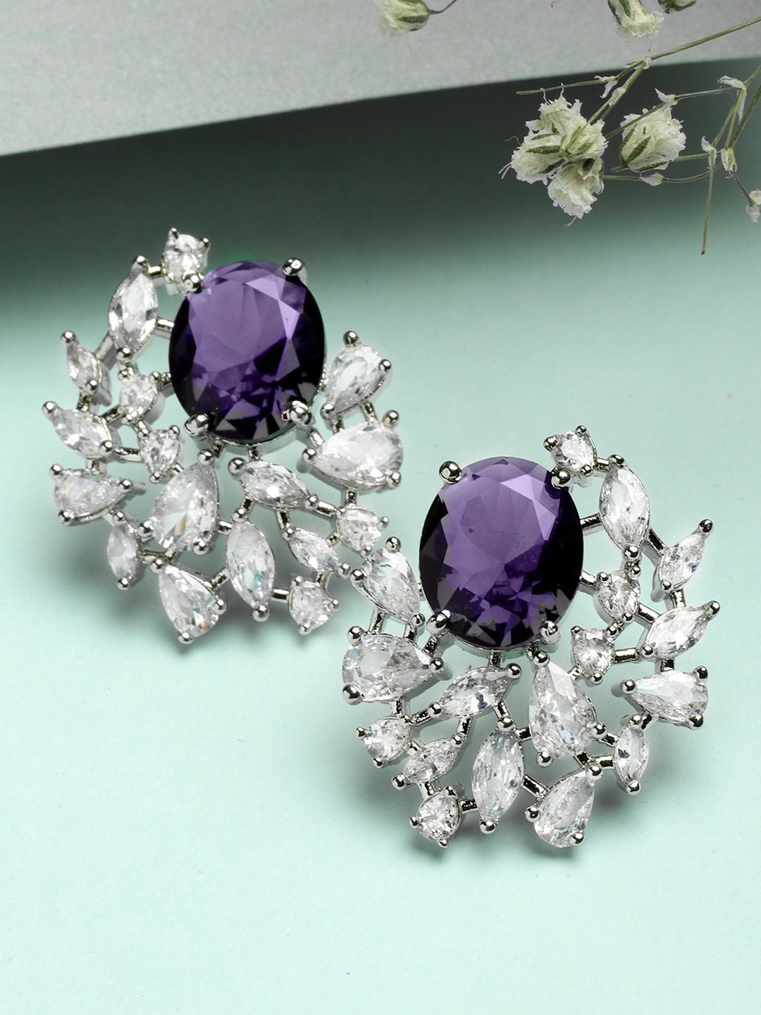 KARATCART Silver-Plated Contemporary American Diamond Studded Studs