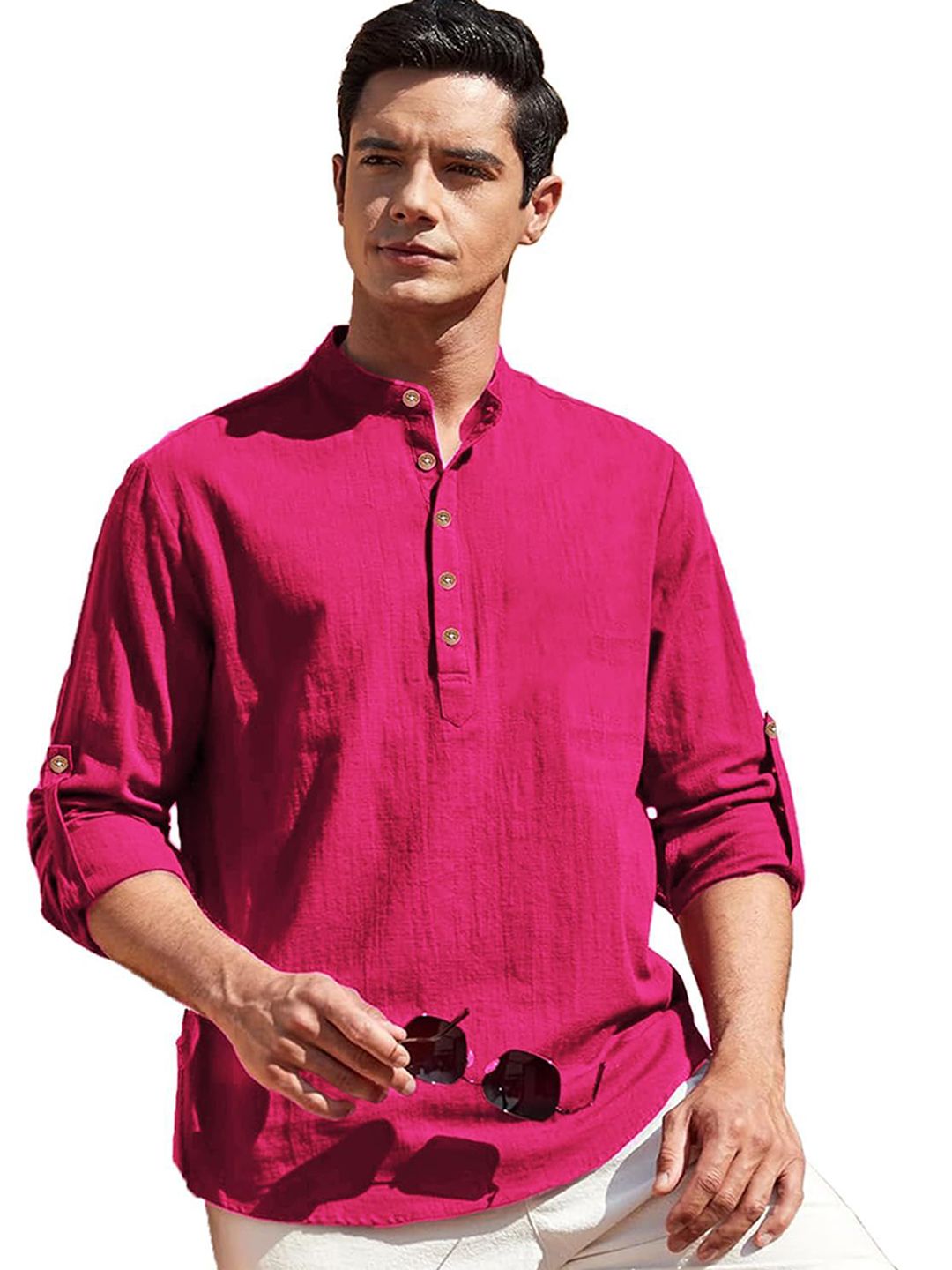 BHUVIKOO Band Collar Long Sleeves Short Kurta