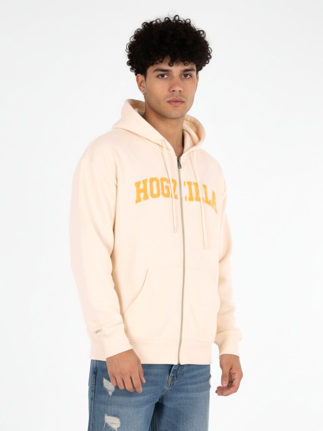 glitchez Typography Printed Drop-Shoulder Front-Open Hooded Sweatshirt