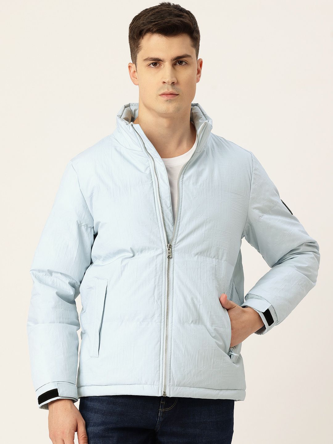 Monte Carlo Self Design Typography Mock Collar Padded Jacket