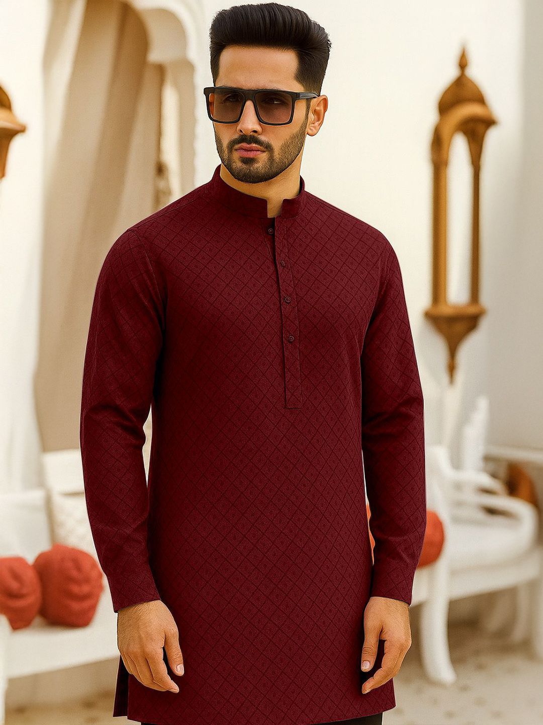 FTX Geometric Embroidered Mandarin Collar Thread Work Straight Kurta
