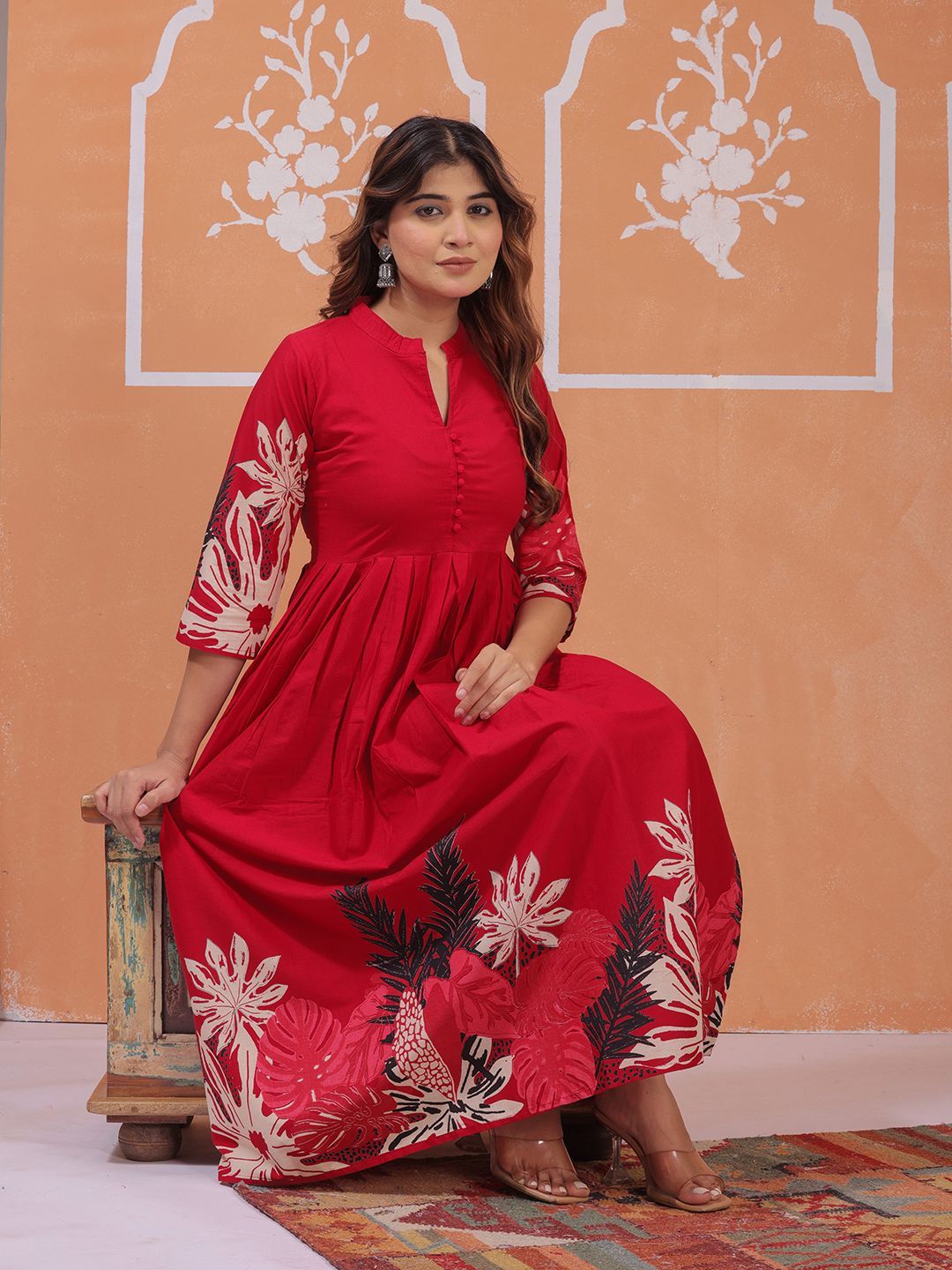 JAHIDA COMFORT WITH STYLE Women Floral Print Mandarin Collar Cotton Fit And Flare Dress