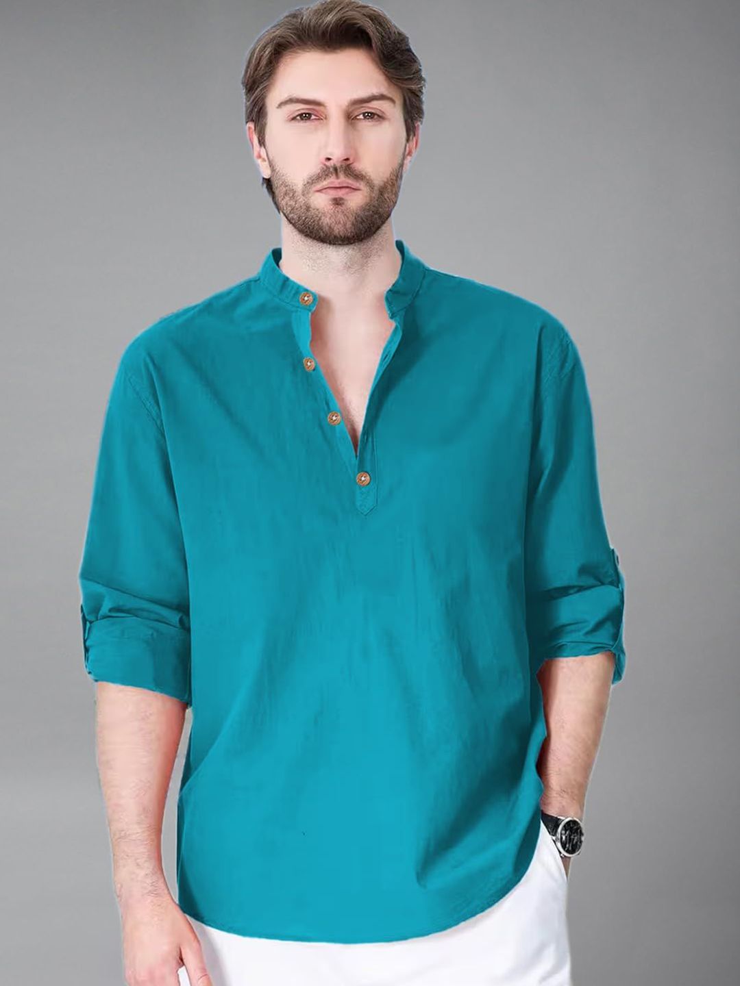 Navkanj Band Collar Roll-Up Sleeves Straight Short Kurta