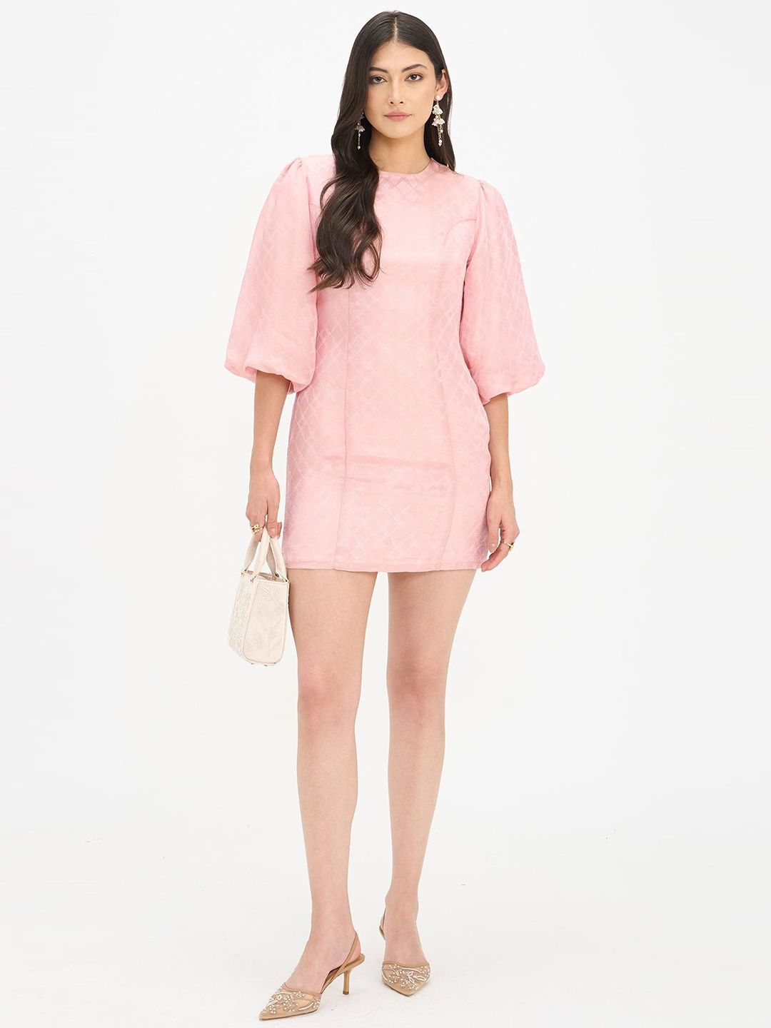 Bodycon Mini Puff Sleeve Dress Virgio Women Self Design Viscose Round Neck Long Sleeves Dresses