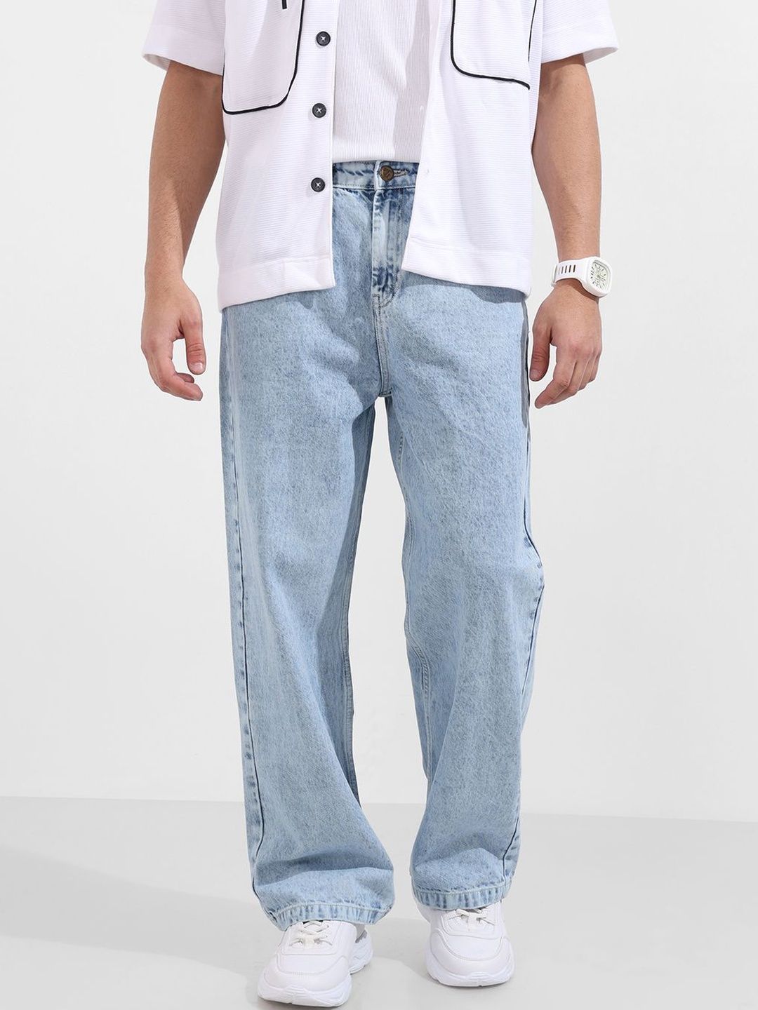 The Indian Garage Co.Men Pure Cotton Mid-Rise Light Fade Baggy Jeans