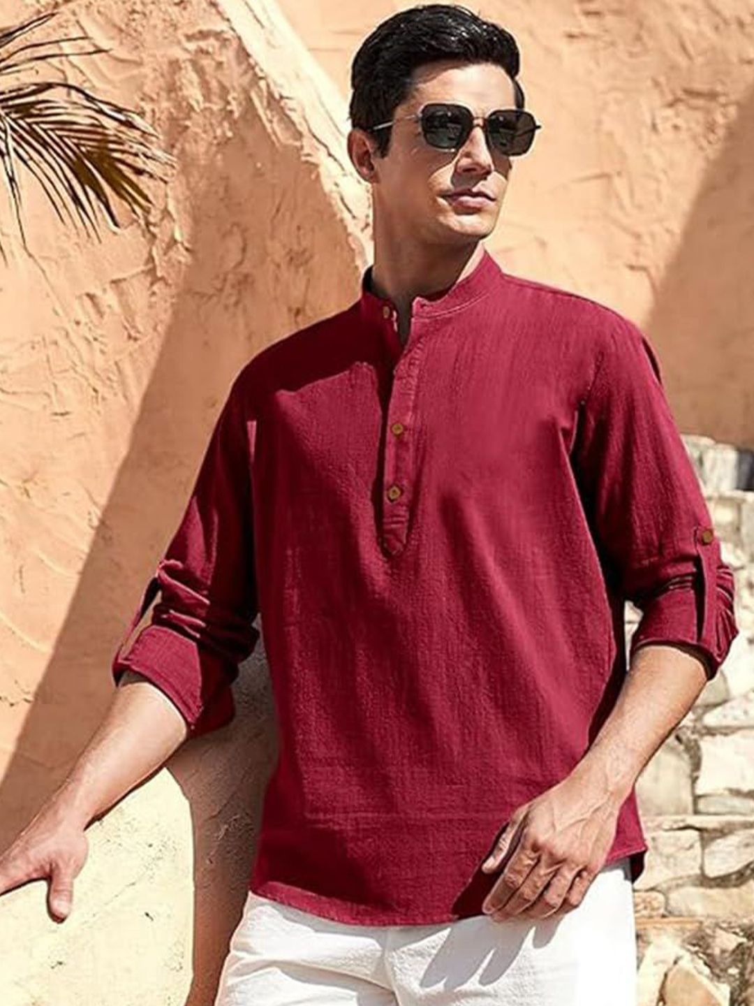 KNOWTED Mandarin Collar Roll-Up Sleeves Cotton Straight Short Kurta