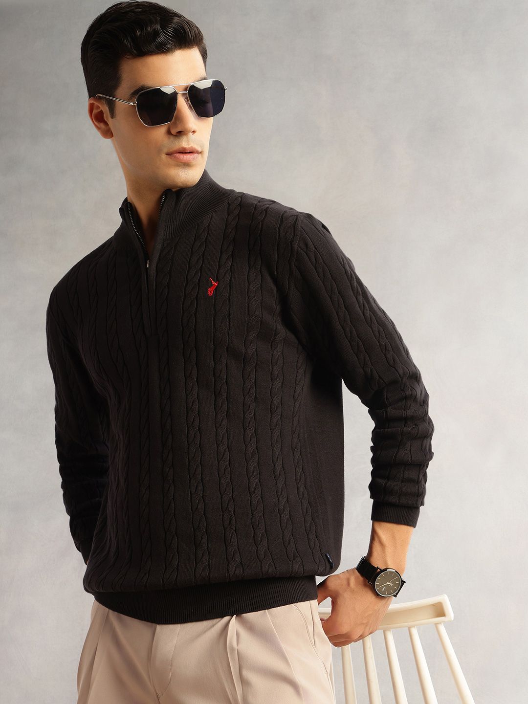 Thomas Scott Thomas Scott Men Pure Cotton Cable Knit Pullover Sweaters with Embroidered Detail