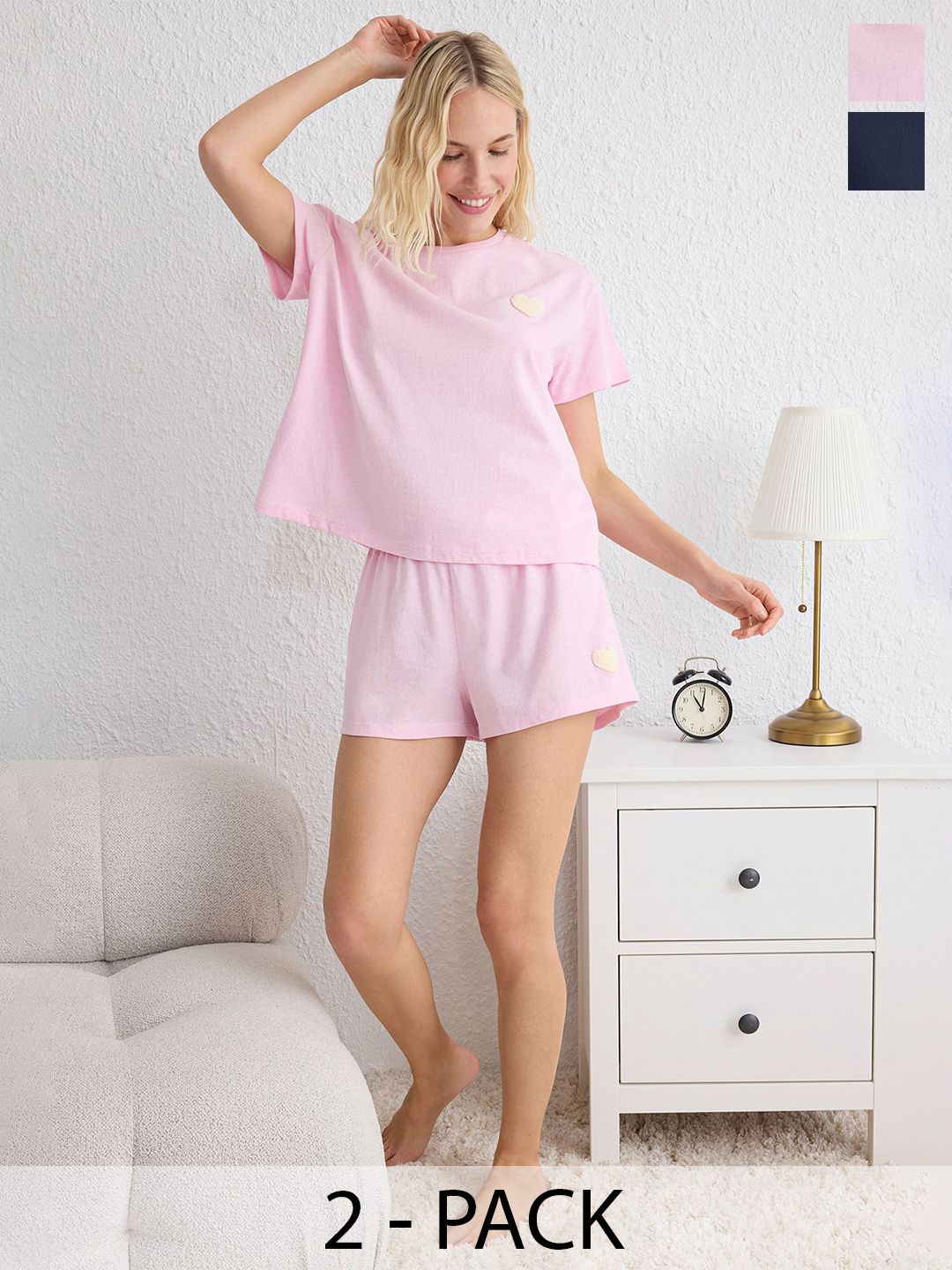 Trendyol Women Pack Of 2 Round Neck T-shirt & Shorts Night Suit