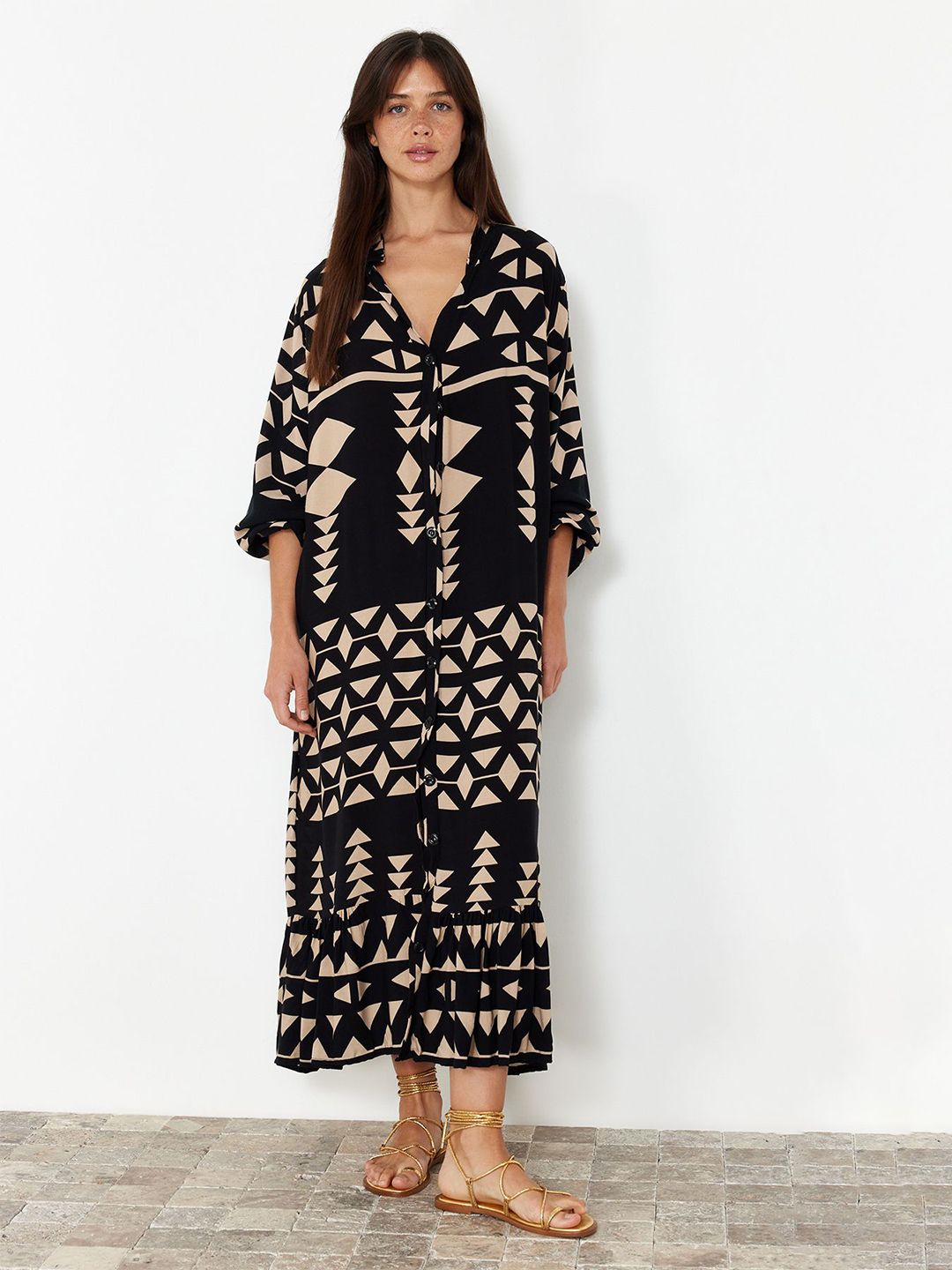 Trendyol Geometric Printed Shirt Collar Shirt Midi Dress