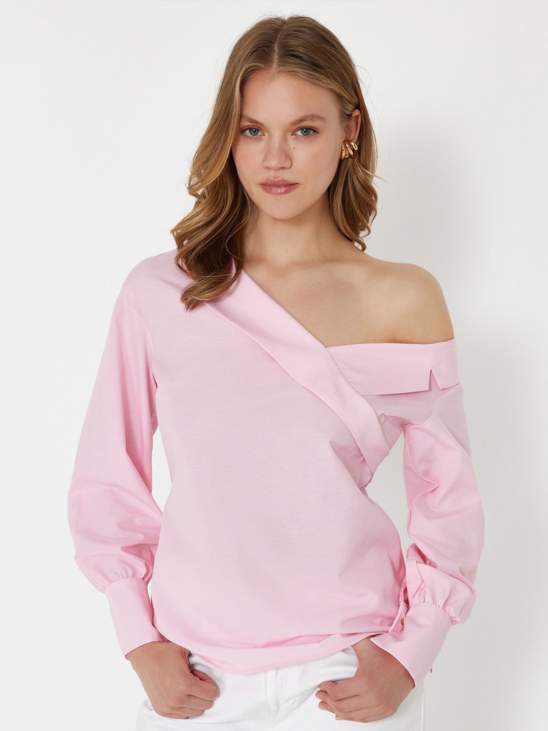 Trendyol One Shoulder Cuffed Sleeves Cotton Casual Top