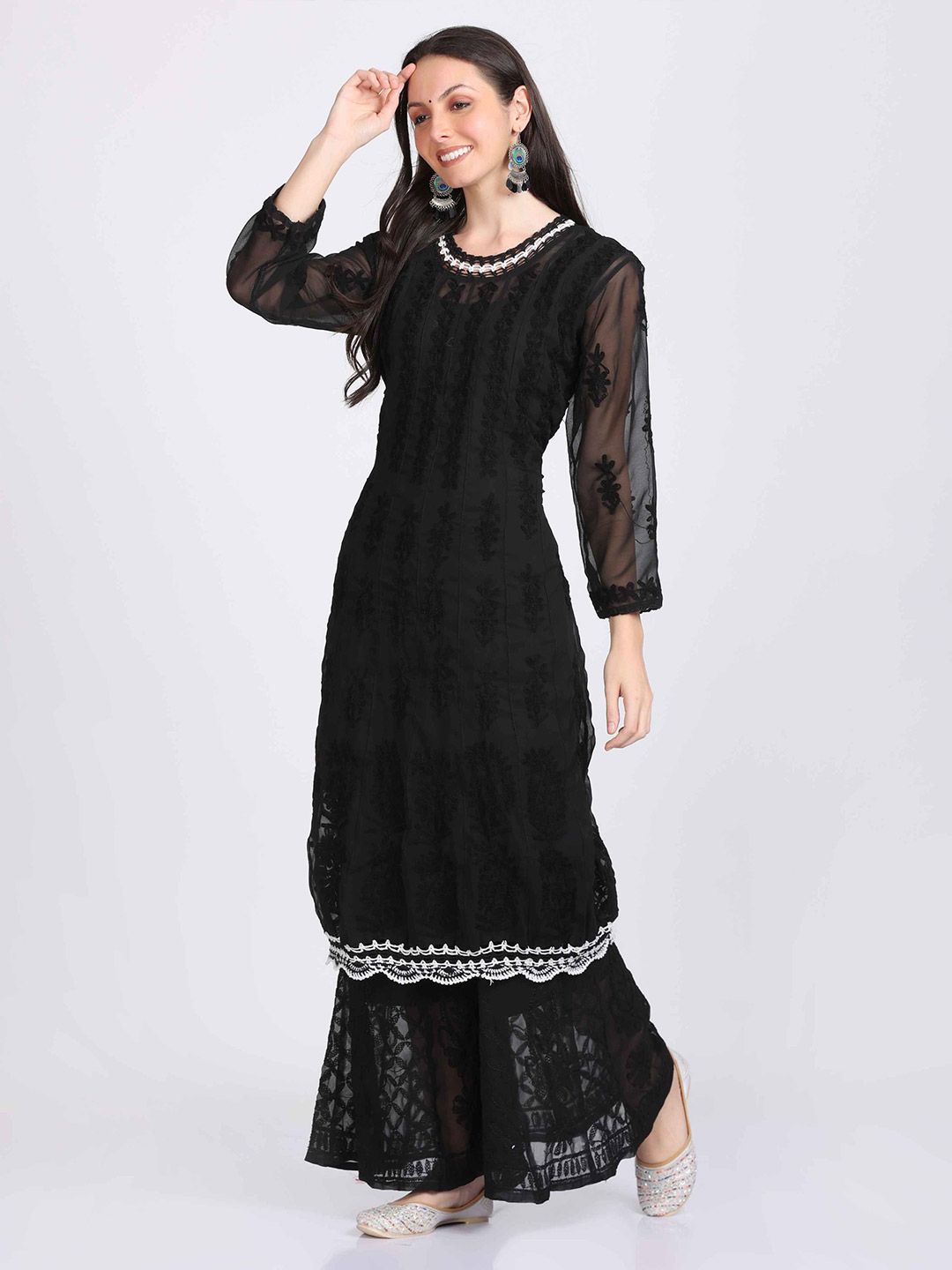 KHAKA Ethnic Motifs Embroidered Anarkali Chikankari Georgette Kurta