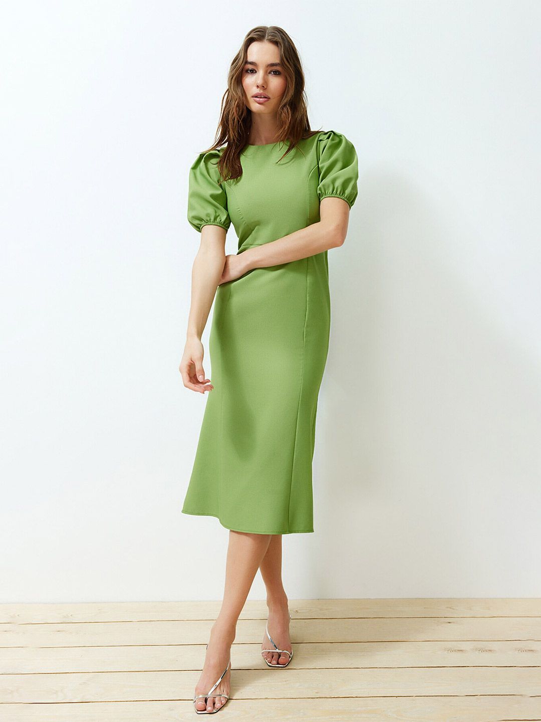 Trendyol Puff Sleeve Boat Neck A-Line Midi Dress