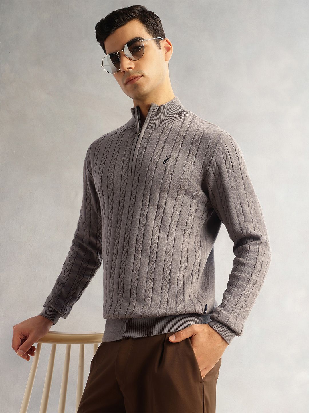 Thomas Scott Men Pure Cotton Cable Knit Mock Collar Pullover Sweaters