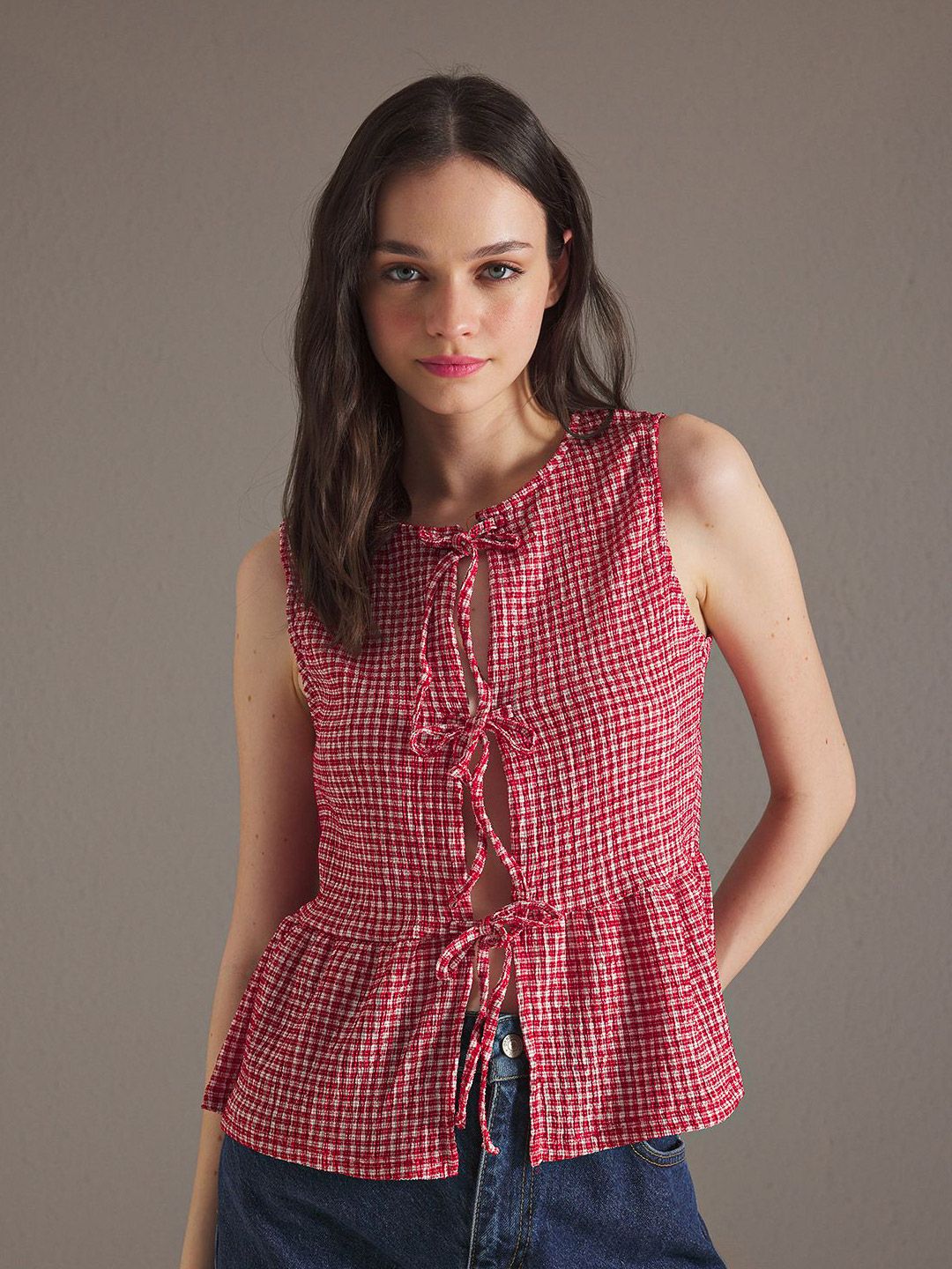 Trendyol Women Checked Tie-Up Neck Top