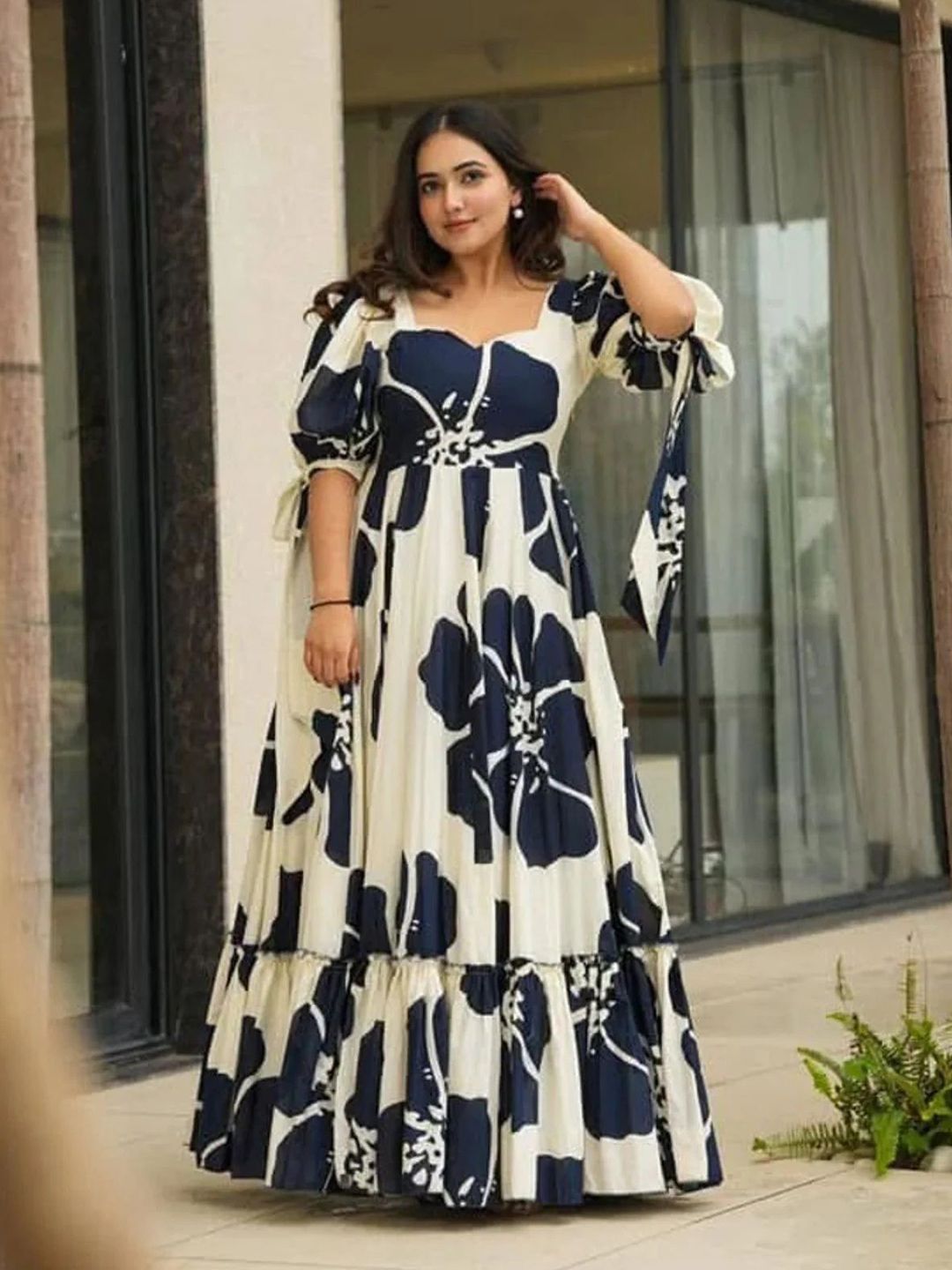 De La Moda Women Floral Print Puff Sleeve Crepe Maxi Dress