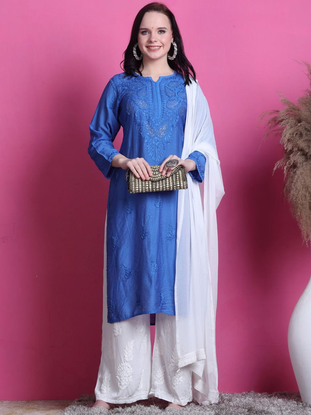 KHAKA Floral Embroidered Straight Chikankari Chanderi Silk Kurta