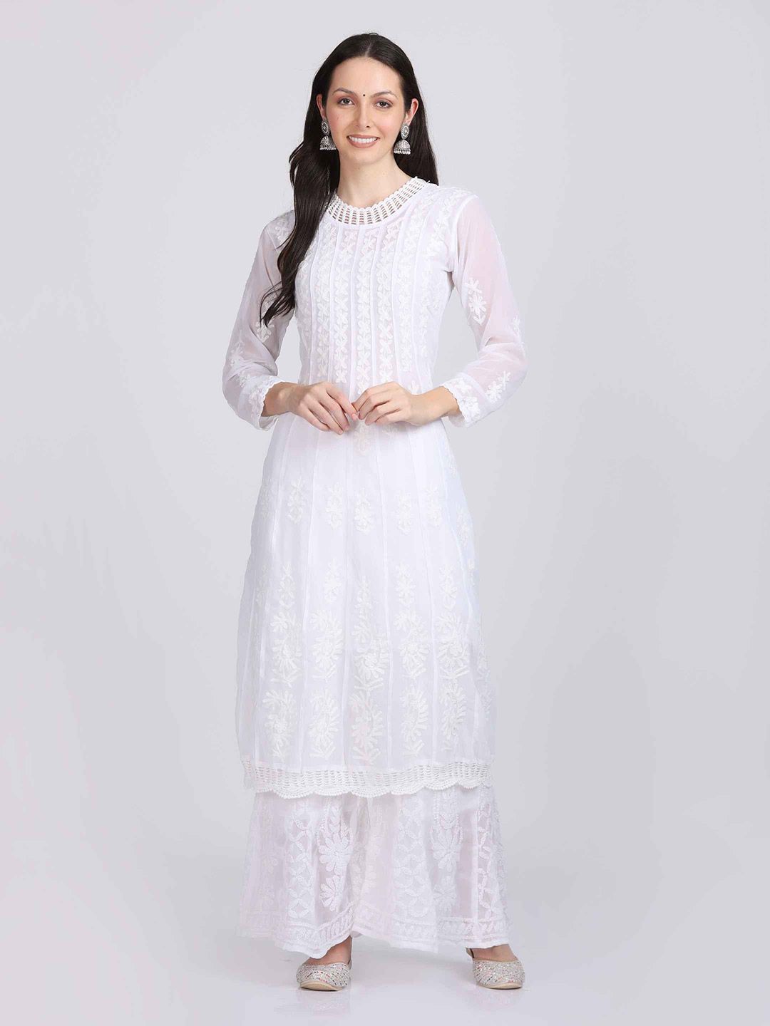 KHAKA Women Ethnic Motifs Embroidered Chikankari Georgette Anarkali Kurta