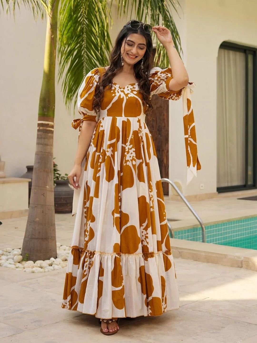 Honky Tonky Women Floral Print Puff Sleeve Crepe Fit & Flare Maxi Dress