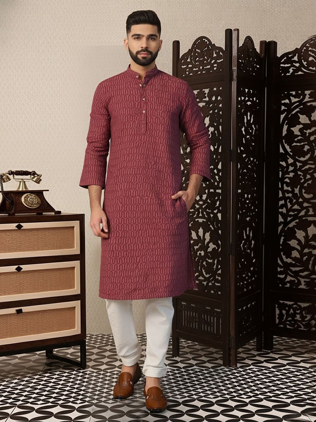 Anouk Rustic Abstract Printed Mandarin Collar Thread Work Long Sleeves Straight Kurta