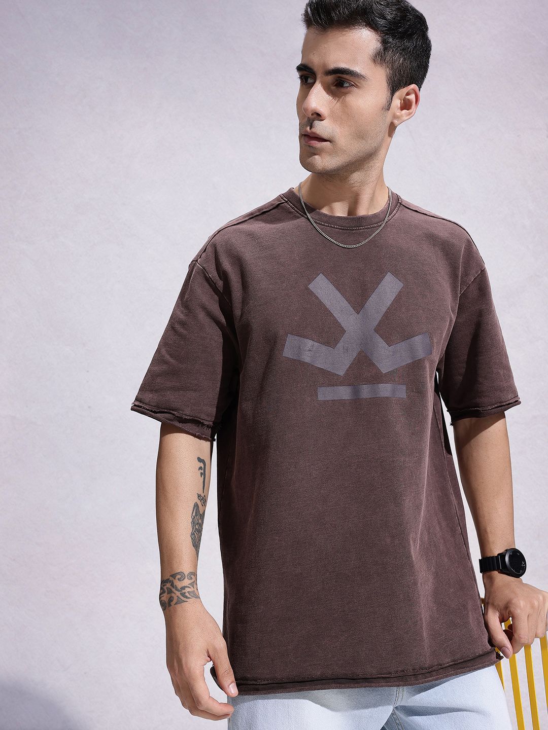 WROGN Brand Logo Printed Drop-Shoulder Sleeves Washed Effect Pure Cotton Oversized T-shirt