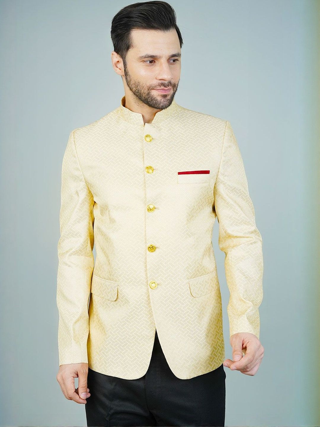 Wintage Banarasi Woven Design Mandarin Collar Neck Single Breasted Bandhgala